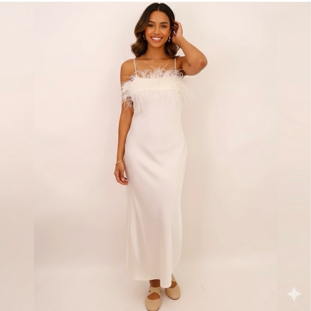 Blu Pepper White Feather-Trim Slip Dress